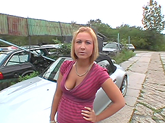 Redhead amateur chick gets fucked near the car in the street