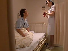 Japanese nurse plays with some dude's cock before jumping on it