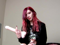 Shy girl shows her favorite dildo and talks about it