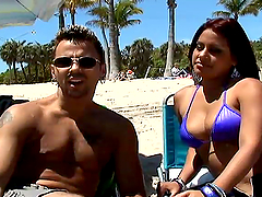 Spicy Latina wants to ride her man on the sands of a beach