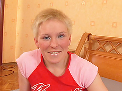 Short haired Russian rides after a deep blowjob