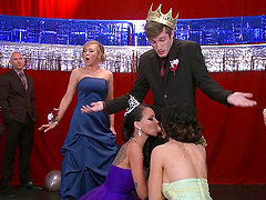 Prom king fucks two sexy brunettes in a hot threesome