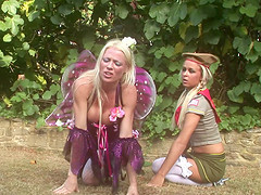 Costume girls crammed with cock in a wild outdoor orgy