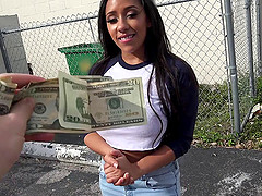 Ebony slut paid to flash her tits and fuck hardcore in public