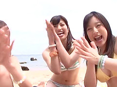 POV beach group fuck with a trio of Japanese bikini babes