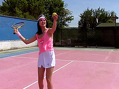 Sporty girl drops her tennis racket to play with her cunt
