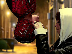 Affectionate babe giving spider man superb blowjob in parody shoot outdoor