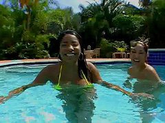 Outdoor Threesome By The Pool With Two Hot Latinas