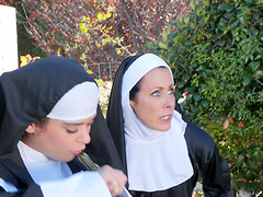 Wonderful lesbian pussy eating with a lusty nun Katie Morgan