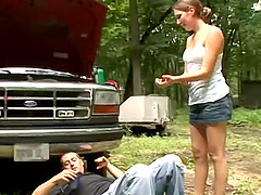 Cute big tit girlfriend  distract her boyfriend from working on his truck!