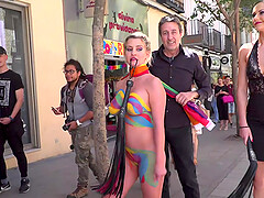 Buxom Tina Kay in a public humiliation session with Sienna Day