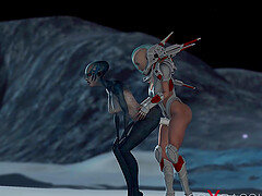 Hot sex on th exoplanet! An alien gets fucked by a spacewoman in spacesuit with strapon