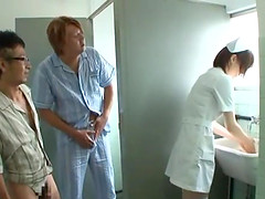 Japanese nurse drops on her knees to suck a dick of a lucky guy