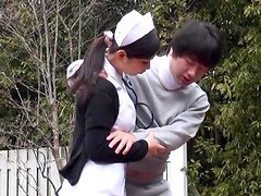 Japanese nurse sucking her patient's dick outdoors in the park