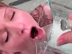 Dirty blonde slut drinking her own piss with lust