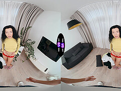 A sexy walk of a brunette teen with long hair in a mini dress