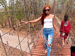 Asian babe in red glassess and jeans gets wild with her Thai lover outdoors