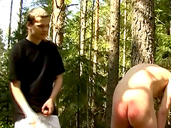 A homosexual gets his ass spanked and fucked in the forest