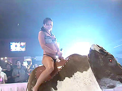 Horny babe in amateur reality video riding the raging bull