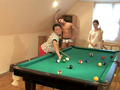 Fantastic threesome with Angela and Lily on a billiard table