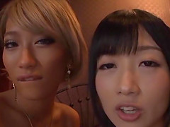 Blonde and dark haired Asian chicks sucking and fucking a cock